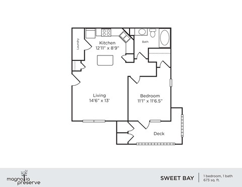 Floor plan for 1 bed, 1 bath, 673 sqft